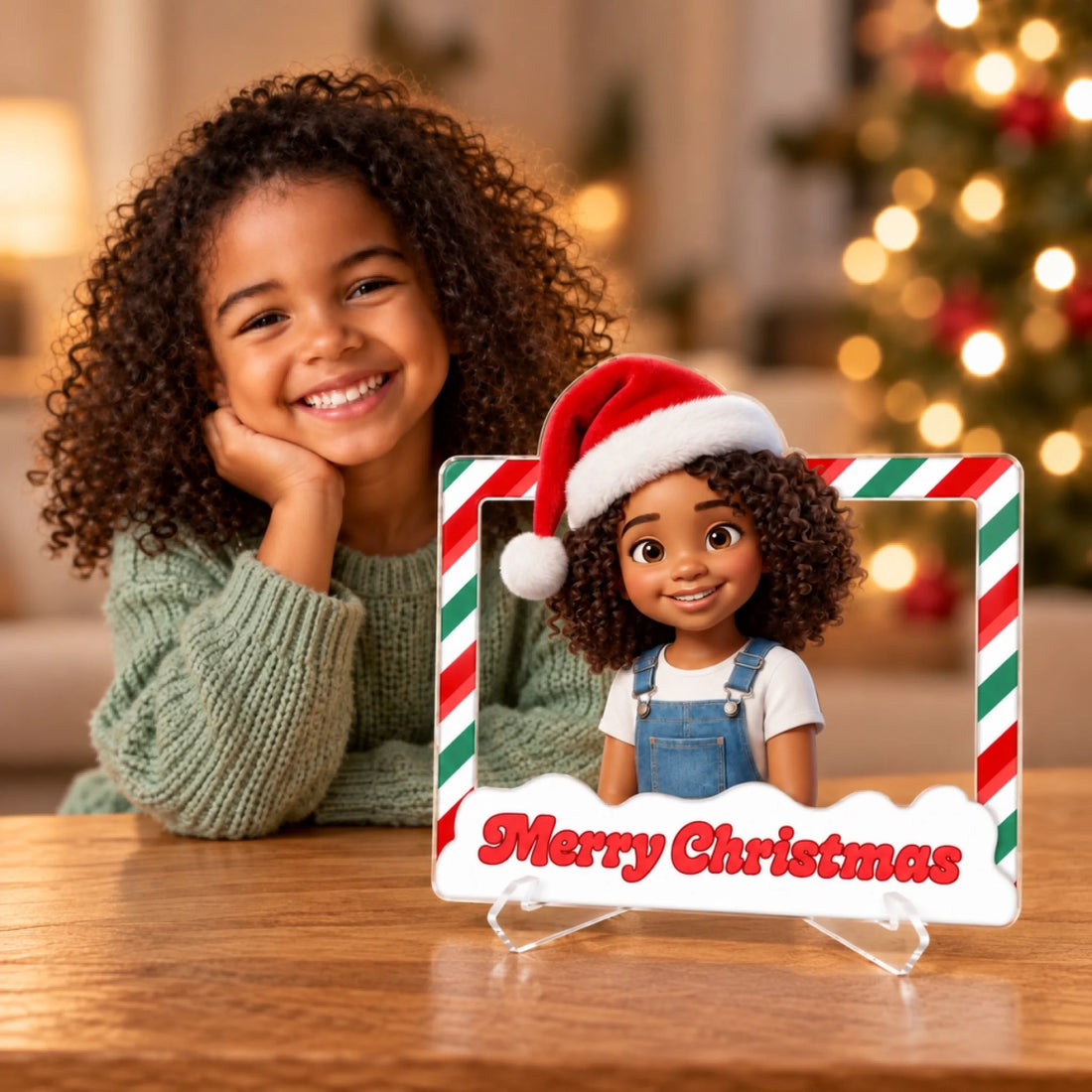 Marco 3D con borde de bastón de caramelo y una niña ilustrada con gorro de Papá Noel