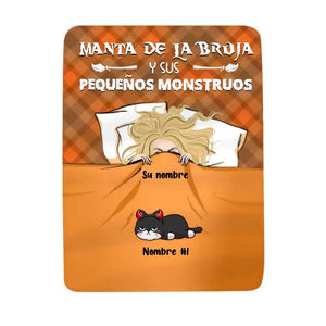 Personalizar Mantas Polar Para Amantes De Gatos | Personalizado Regalos Para Amantes De Gatos | Manta de la bruja y sus pequeños monstruos