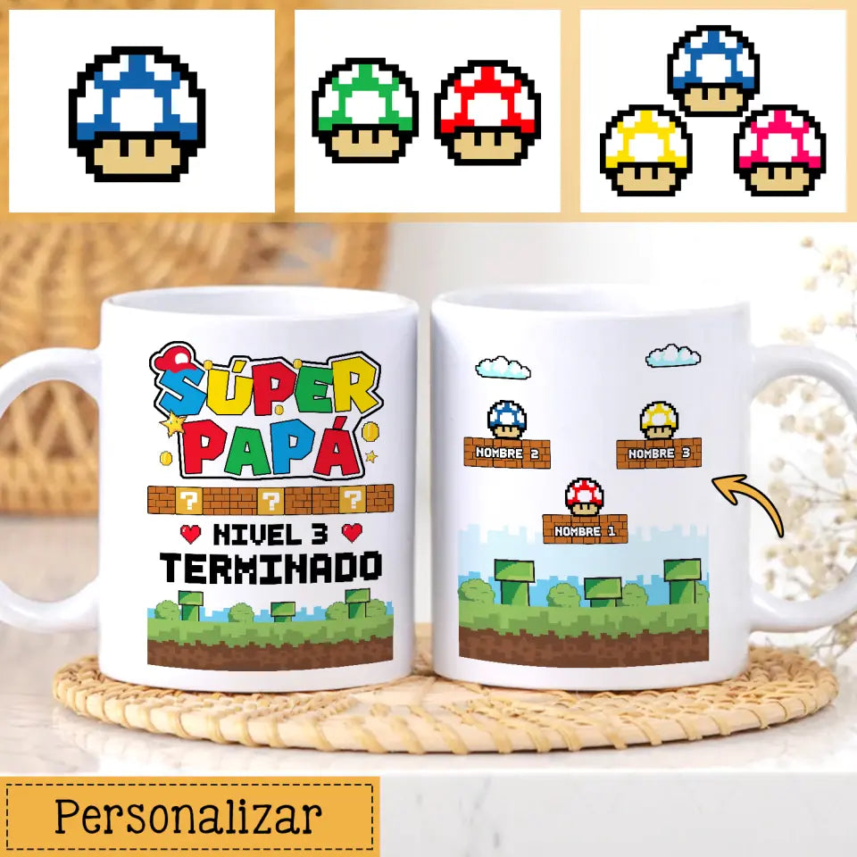 Tasse personnalisée pour père | Super Papa Niveau 3 terminé