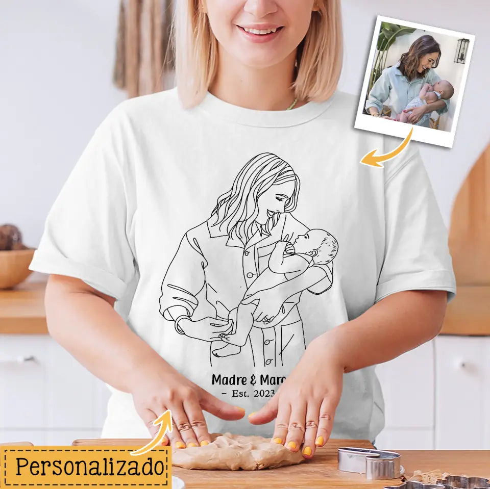 Camisetas de Line art| Mamá y bebé dibujados a mano| Regalo personalizado para Madre