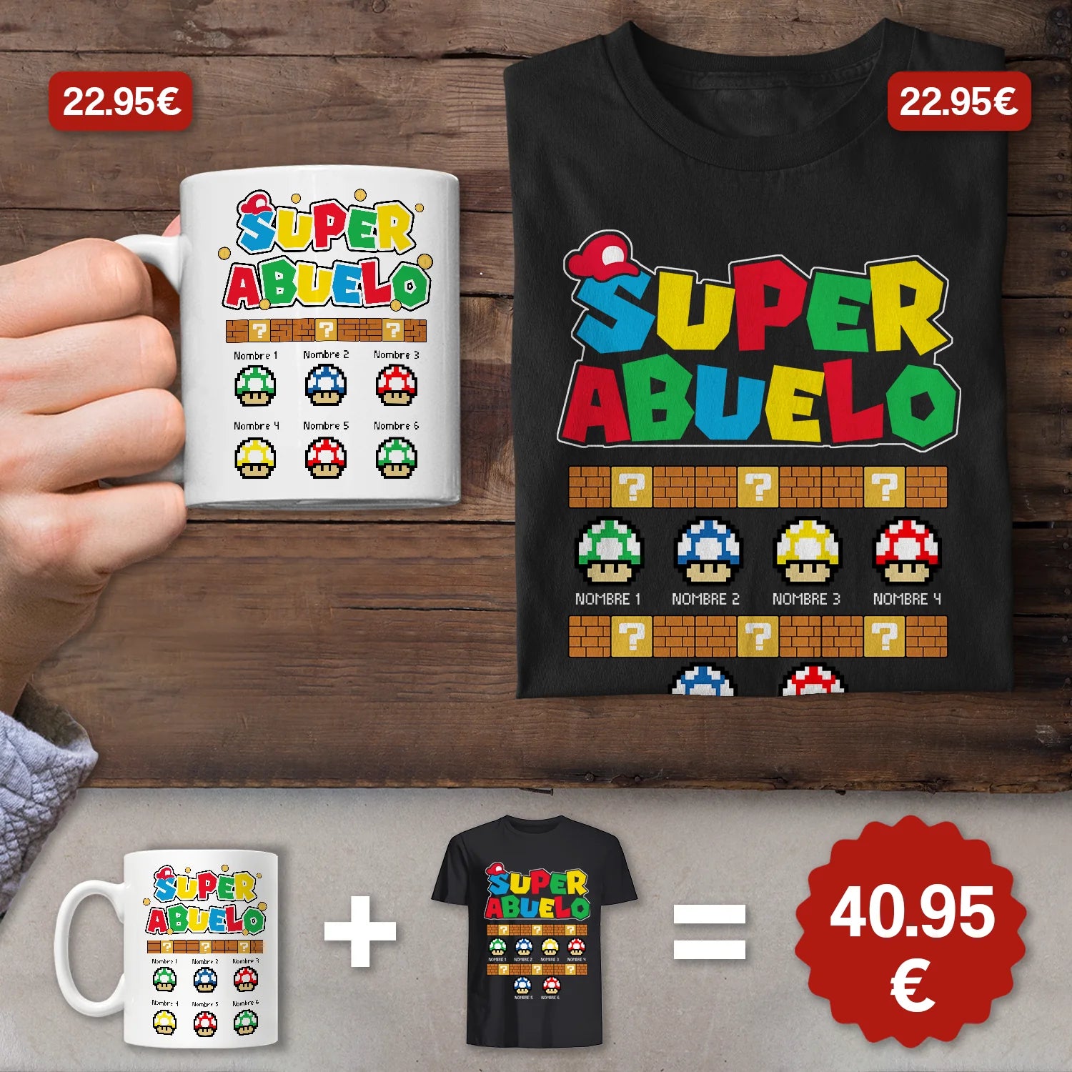 Super abuelo- Set de regalo para abuelo con taza y camiseta personalizadas
