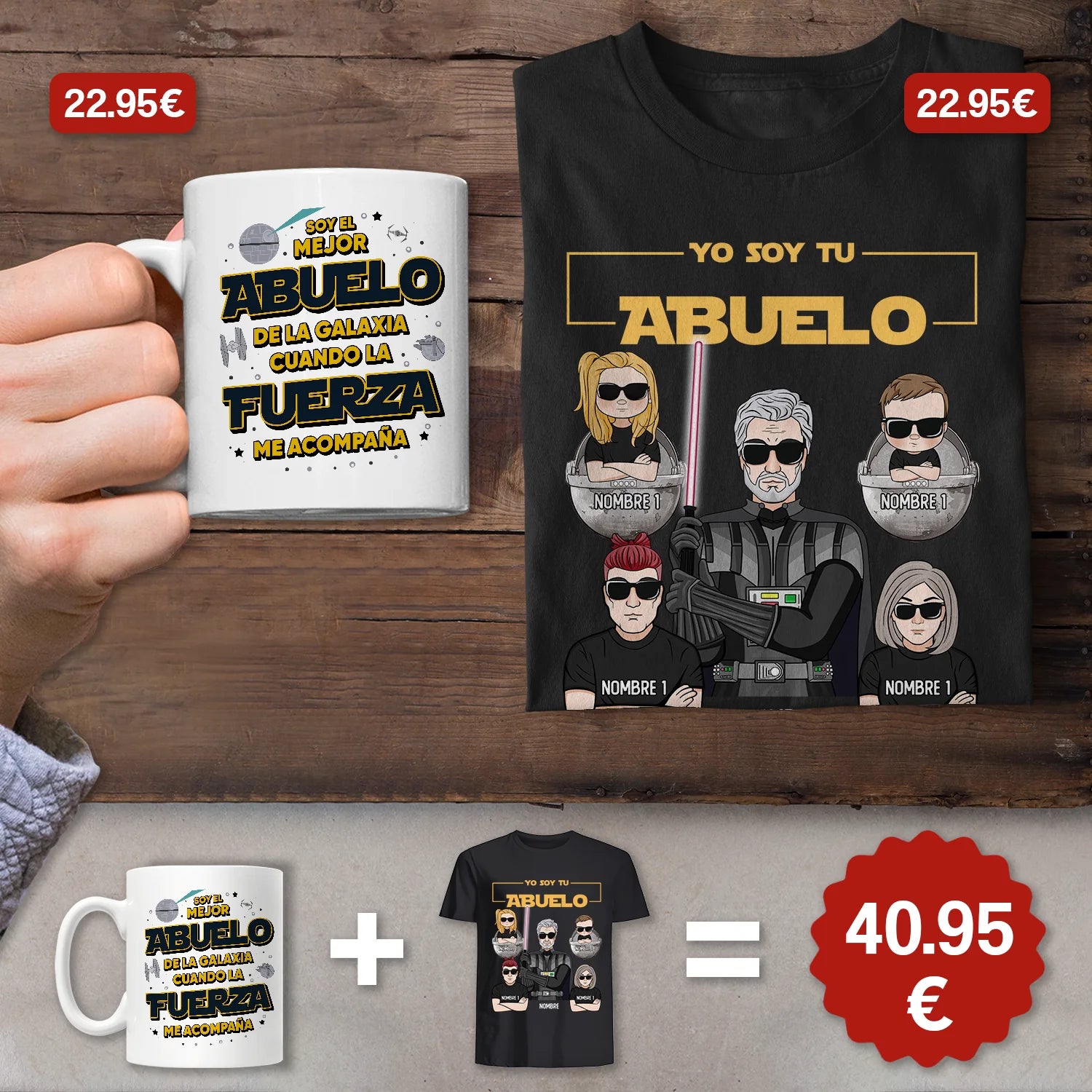 Yo soy tu abuelo, El mejor abuelo de la galaxia- Set de regalo para abuelo con taza y camiseta personalizadas
