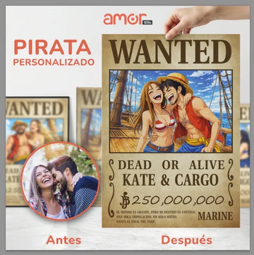 Póster personalizado para pareja - Wanted Pirata - Estilo Anime Manga