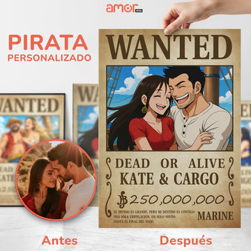 Póster personalizado para pareja - Wanted Pirata-Estilo Anime Manga - Con tu ropa original