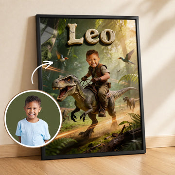 Póster infantil personalizado de dinosaurios con foto y nombre