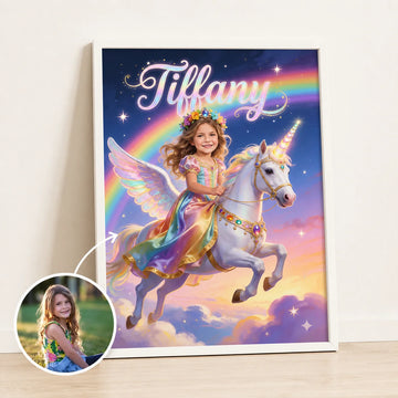 Póster Personalizado de Princesa con Unicornio – Retrato Infantil Mágico a partir de Foto