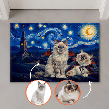 Felpudo personalizado con foto de tus gatos – Estilo Noche Estrellada de Halloween
