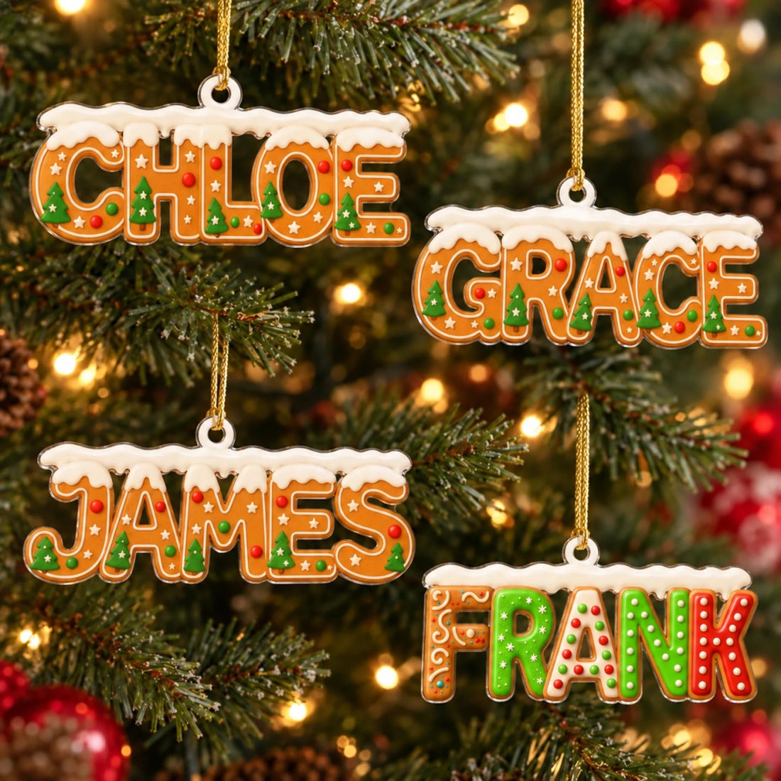 Gingerbread Name Ornaments on Christmas Tree