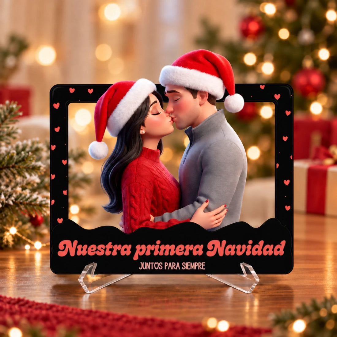Marco 3D negro con una pareja ilustrada con gorros de Papá Noel