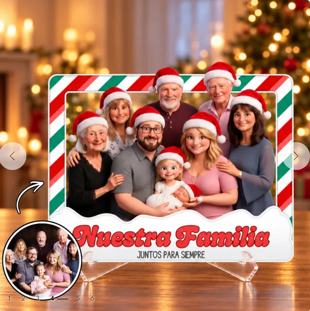 Marco 3D con una familia de varias generaciones ilustrada con gorros navideños