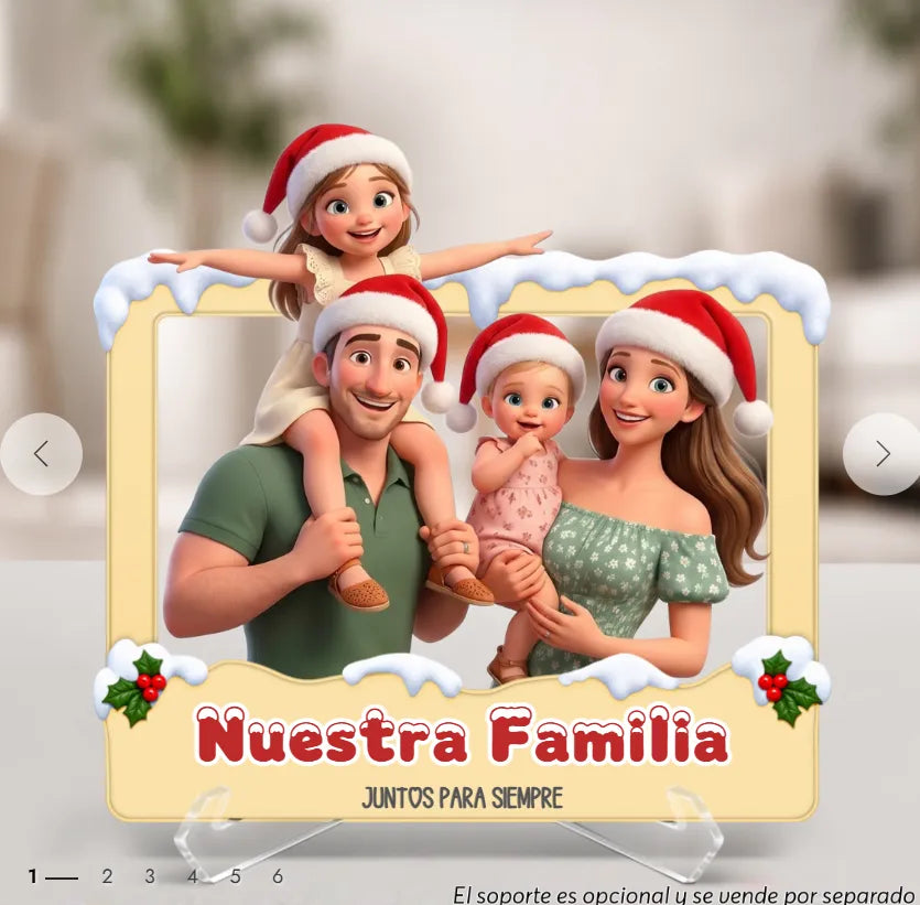 Marco 3D blanco con una familia ilustrada y borde nevado