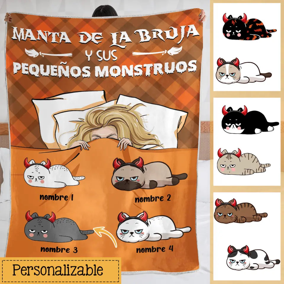 Personalizza coperte in pile per gli amanti dei gatti | Regali personalizzati per gli amanti dei gatti | Coperta della strega e dei suoi piccoli mostri 